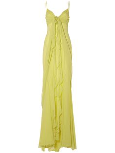 Find Blumarine Ruffled Silk Long Dress W/rose on Editorialist. Spaghetti straps. Concealed back zip closure. Ruffled details. Front rose detail. Model is wearing a size38 Mode Purple, Dresses Gala, 2023 Ideas, Silk Long Dress, Silk Dress Long, Prom Dress Inspiration, Dressy Dresses, Rose Yellow