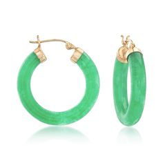 Ross-Simons - Jade Hoop Earrings with 14kt Yellow Gold. 1". Colorful green jade is said to bring good energy to all those who don it, making these hoops a fabulously affordable way to incorporate some positive vibes into your everyday. Hanging length is 1". Set in polished 14kt yellow gold. Snap-bar, jade hoop earrings. Green Pierced Hoop Earrings, Green Jade Hoop Jewelry, Green Jade Hoop Earrings, Green Small Hoop Earrings Fine Jewelry, Good Energy, Green Jade, Jade Green, Positive Vibes, Jade