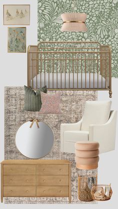 a baby's room with green and pink wallpaper, a crib, chair, mirror, dresser and other items