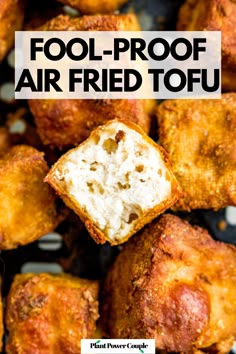 Overhead view of cooked tofu in an air fryer with a bite taken out of one of them and text reading: fool proof air fried tofu Tofu Sticks Recipes, Fries Tofu Recipes, Tofu Air Fryer Recipes Healthy, Air Fry Crispy Tofu, Air Fryer Tofu No Cornstarch, Fried Tofu Meals, Tofu Stir Fry Healthy, Oil Free Fries, Breaded Tofu Air Fryer