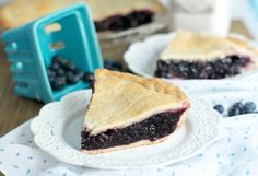 a slice of blueberry pie on a white plate