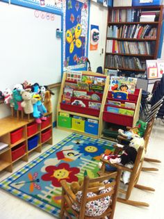 children's toys and bookshelves in a child's playroom area