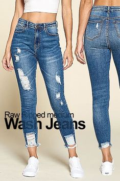 Add some punk-rock element to your style with this pair of jeans featuring raw rips on the thighs and hems. #denimjeans #jeans #everythingdenim #denimforever #pants #popstry #skinnyjeans #destroyedjeans #bluejeans Washed Jeans, Wash Jeans, Punk Rock