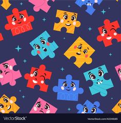 colorful puzzle pieces with faces and stars