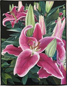 a painting of pink lilies and green leaves