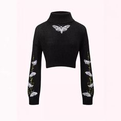 Color: Black, Size: XL Cropped Pullover, Pullover Outfit, Butterfly Embroidery, Casual Sweater, Fabric Collars, Khaki Color, Cropped Style, Casual Sweaters, Clothing Size Chart