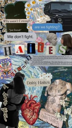 a collage of images with words and pictures on them, including an image of a woman standing in front of a car