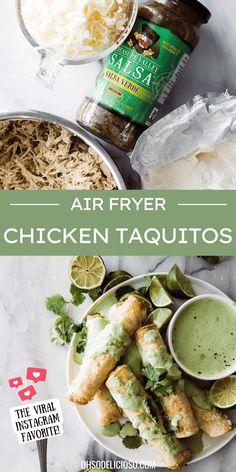 air fryer chicken taquitos on a white plate with limes and cilantro