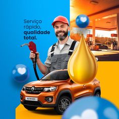 a man holding a wrench next to an orange car