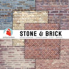 the stone and brick logo is displayed on an old brick wall in different colors, shapes and sizes