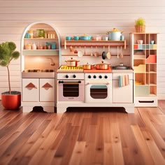 a white toy kitchen with wooden floors and shelves filled with pots, pans, and utensils