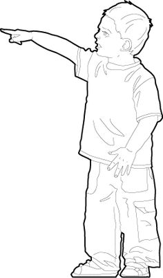 a drawing of a boy pointing at something in the air with his hand out to someone else