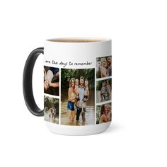 a coffee mug with four photos and the words, are you always to remember?