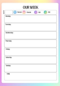 a printable weekly planner with the words our week written in rainbow colors on it