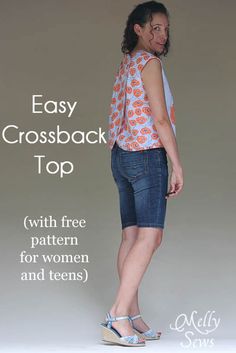 a woman standing in front of a white background with the words easy crossback top