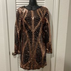 Black And Rose Gold Bodycon Dress Is Size L. Nwot. Never Worn. The Sequins Are Stitched To A Fine Mesh Overlay And Black Lining Underneath. 100% Polyester. Dress Does Stretch And Measurements Are As Follows: Armpit To Armpit 18.5” Lest Side Of Waist To Right Side 16” Right Hip To Left 19” From Top Of Shoulder To Bottom Seam 36.5” Gold Bodycon Dress, Black And Rose Gold, Rose Gold Sequin, Embellished Jacket, Sequin Bodycon Dress, Mesh Overlay, Polyester Dress, Gold Sequin, Right Side