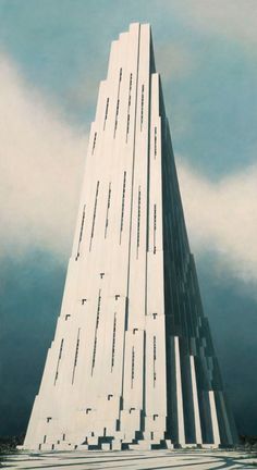 a very tall white building sitting under a cloudy sky