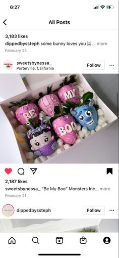 an instagram page with two pictures of stuffed animals in a box