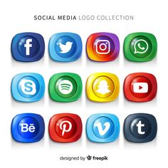 the social media logo collection is shown in different colors and sizes, including blue, red,