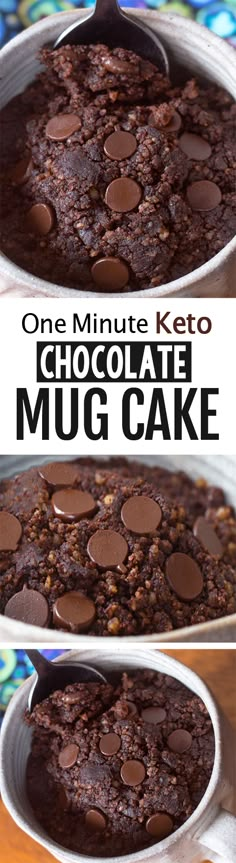 one minute keto chocolate mug cake in two pans with the same topping on top