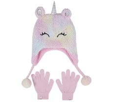 Enjoy magical fuzzy warmth wearing Skechers Sherpa Unicorn Hat and Glove Set. This plush alpine style hat features pom-pom pulls with sleepy unicorn themed details, ear flaps, and a pair of coordinating solid color gloves. | Skechers Girl's Sherpa Unicorn Hat and Glove Set | Hat: 100% Polyester Gloves: 100% Acrylic | Plush unicorn alpine hat with pom-pom pulls | Embroidered eyes and 3D ears and horn detail | Coordinating solid color knit gloves | Skechers Unicorn Mittens, Plush Unicorn, Unicorn Hat, Cold Weather Hats, Embroidered Eyes, Alpine Style, Knit Gloves, Football Kids, Unicorn Plush