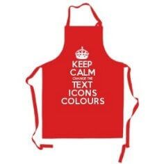 a red apron that says keep calm and talk nerdy to me