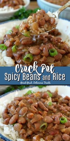 a spoonful of crock pot spicy beans and rice on top of white rice