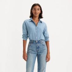 Odessa Long Sleeve Shirt - Light Wash | Levi's® US Classic Levi's Shirt For Fall, Levi's Classic Spring Tops, Classic Shirt With Buttons For Casual Gatherings, Levi's Classic Shirt For Spring, Timeless Fall Button-up Tops, Everyday Relaxed Fit Button-up Shirt, Timeless Button-up Tops With Placket, Classic Button-up Blouse For Casual Gatherings, Levi's Collared Shirt With Button Closure