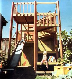 two children playing on a slide in the back yard with their parents and grandparents nearby