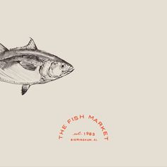 a drawing of a fish on a white background with an orange stamp that says the fish market