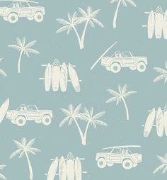 a blue and white wallpaper with palm trees, surfboards, and jeeps