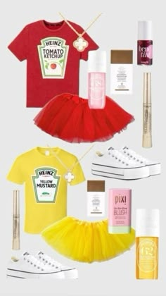 various items that include shoes, t - shirt and tutu skirt are arranged on a white background