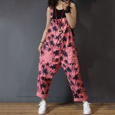 Trees Pattern Straight Pockets Cotton Overalls Womans Pink Jumpsuits - Morimiss.com Pattern Overalls, Hot Pink Pattern, Tree Cotton, Overalls Pink, Fashion Overalls, 80s Pants, Spring Jumpsuits, Cotton Tree, Tree Prints