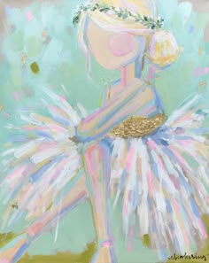 a painting of a woman in a dress with flowers on her head and hands behind her back