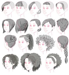 various hairstyles for people with short hair and red eyes, drawn by hand