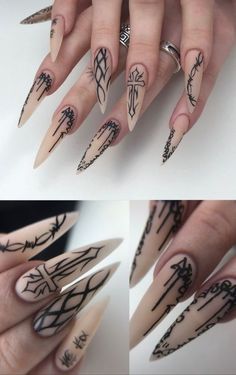 Acrylic Nail Gothic Designs, Goth Demon Makeup, Goth Manicure Ideas, Goth Grunge Nails, Goth Acrylic Nails Coffin Short, Metal Head Nails, Point Nails Design, Scorpio Season Nails, Nail Ideas Gothic