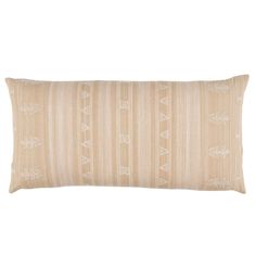 a beige and white striped pillow with an arrow design on the front, side view