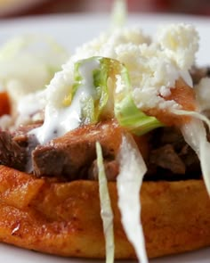 a close up of food on a white plate