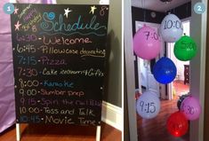 two pictures side by side one with balloons and the other has a chalkboard sign