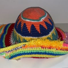 New W/O Price Tag Is An Overstock Outlet (Has Black Line Going Thru Cloth Label Name To Prevent Store Return) Authentic Urban Outfitters Hat - Colorful Crochet Bucket Hat - Cotton,Polyester,Acrylic, Wool - Multicolor Sun Hat Cap One Size Fits Most, Multicolor Cap Sun Hat One Size Fits Most, Multicolor One Size Fits Most Sun Hat Cap, Multicolor Spring Sun Hat Cap, Multicolor One Size Fits Most Sun Cap, Yellow Bohemian Crochet Hat For Spring, Multicolor Crochet Sun Hat For Spring, Colorful Yarn Crochet Hat For Beach, Yellow Knitted Crochet Hat For Spring