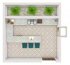 an overhead view of a bathroom with green plants on the wall and toiletries in the bathtub