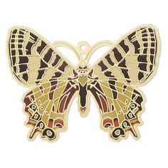 a yellow and black butterfly shaped pin with an intricate pattern on it's wings