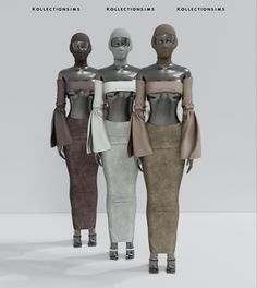 three mannequins are standing next to each other in front of a white background