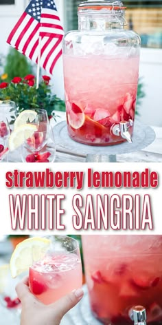 strawberry lemonade white sangria is served in a glass with ice and garnish