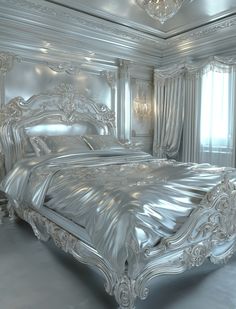 a large silver bed sitting in a bedroom next to a chandelier and window