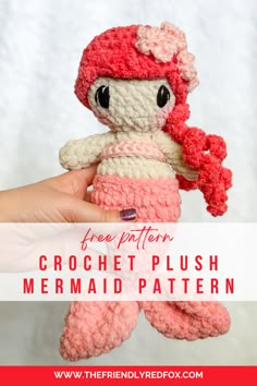 a crochet mermaid doll is shown with text overlay that says free pattern