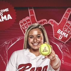 a woman holding a baseball in front of a red and white background with the words, come to mama written on it