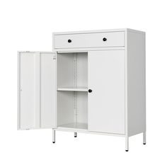 a white cabinet with two doors and shelves