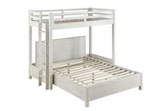 a white wooden bunk bed with no mattress