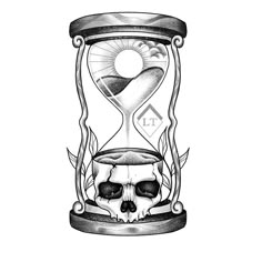 an hourglass with a skull inside it